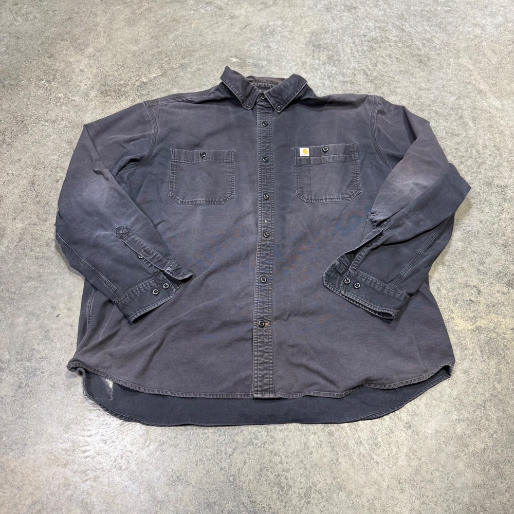 Carhartt Shirt Mens 2XL Black Relaxed Fit Canvas Button Up Distressed Workwear